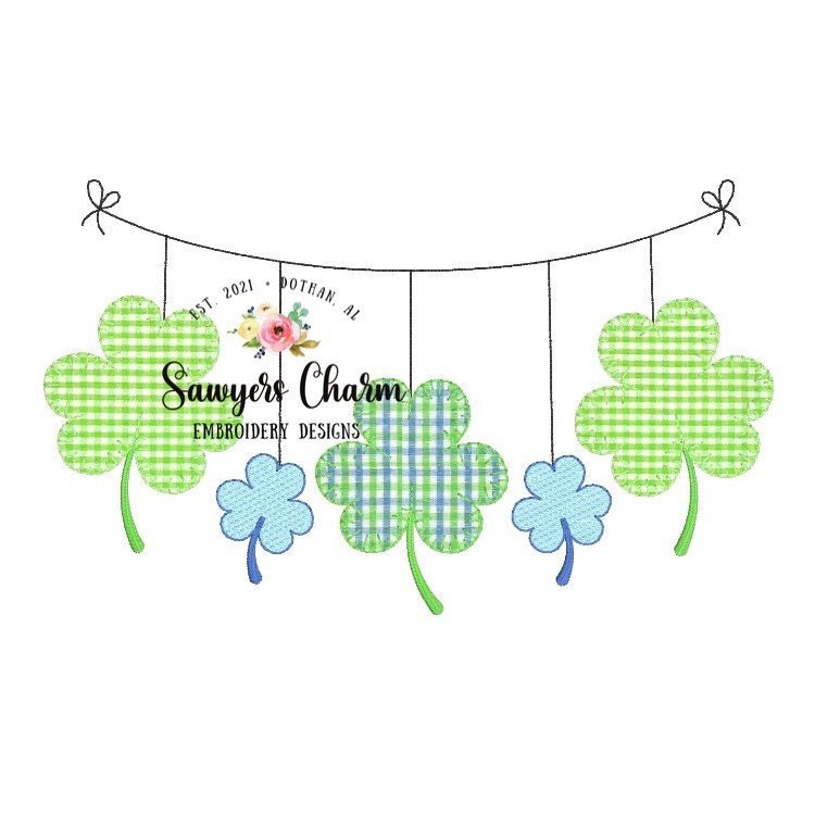 St. Patrick's Day shamrocks clover bunting banner machine applique embroidery design file, quick stitch, bean stitch, blanket stitch, sketch