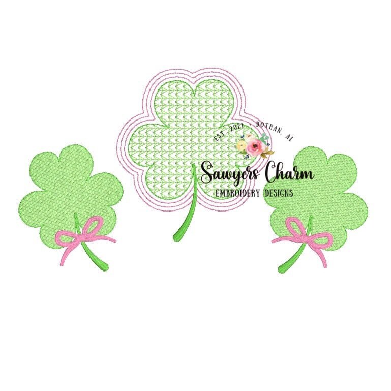 BUNDLE St. Patrick's Day shamrock clover trio machine sketch embroidery design file, quick stitch, bean stitch, with and without bows