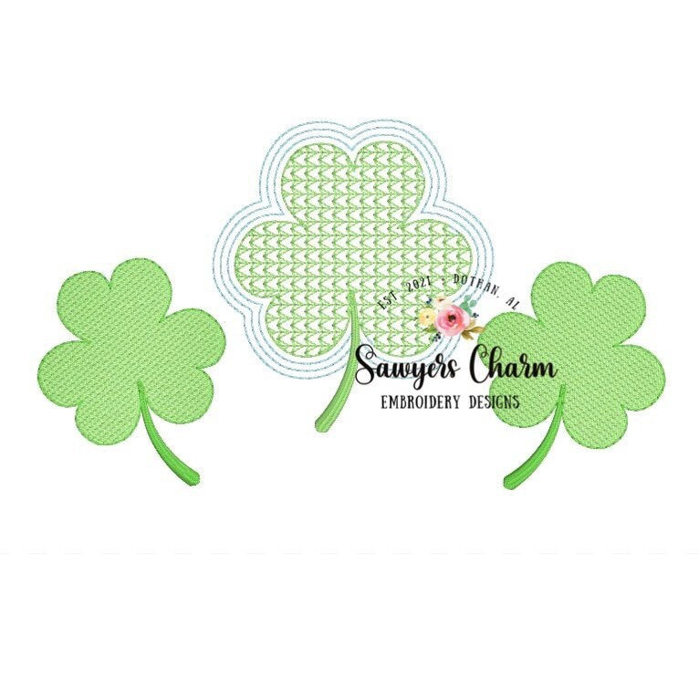 BUNDLE St. Patrick's Day shamrock clover trio machine sketch embroidery design file, quick stitch, bean stitch, with and without bows