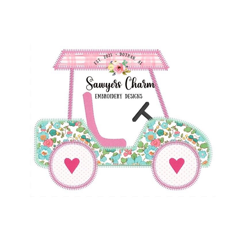 BUNDLE Boy and girl Golf cart zigzag machine embroidery applique design file, quick stitch