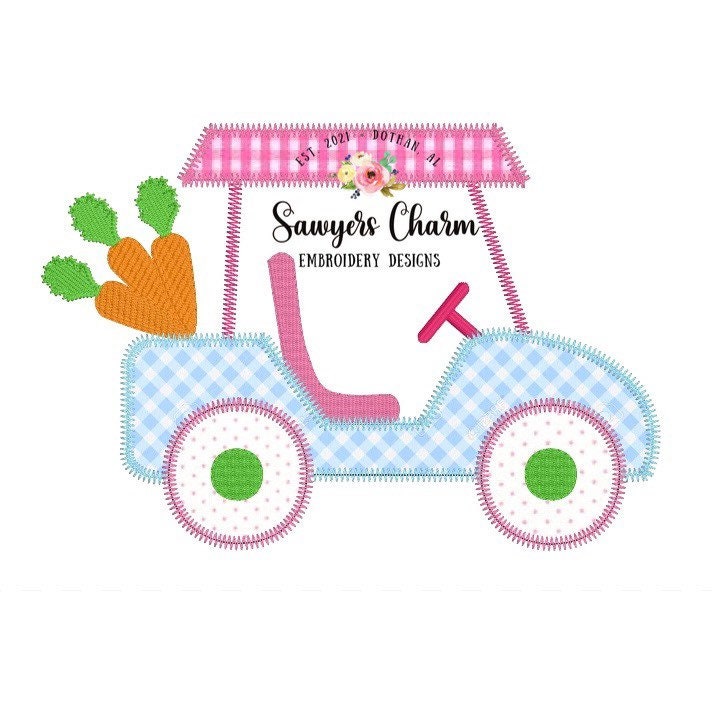 Easter Golf cart with carrots zigzag machine embroidery applique design file, quick stitch, boy or girl design