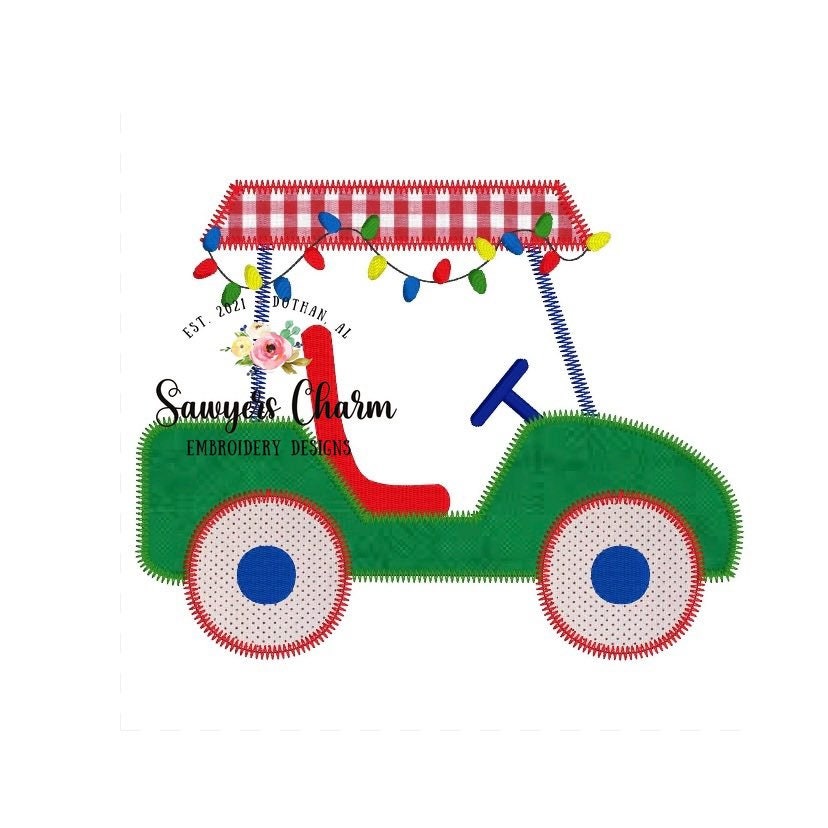 Christmas Golf cart with lights zigzag machine embroidery applique design file, quick stitch, boy or girl design