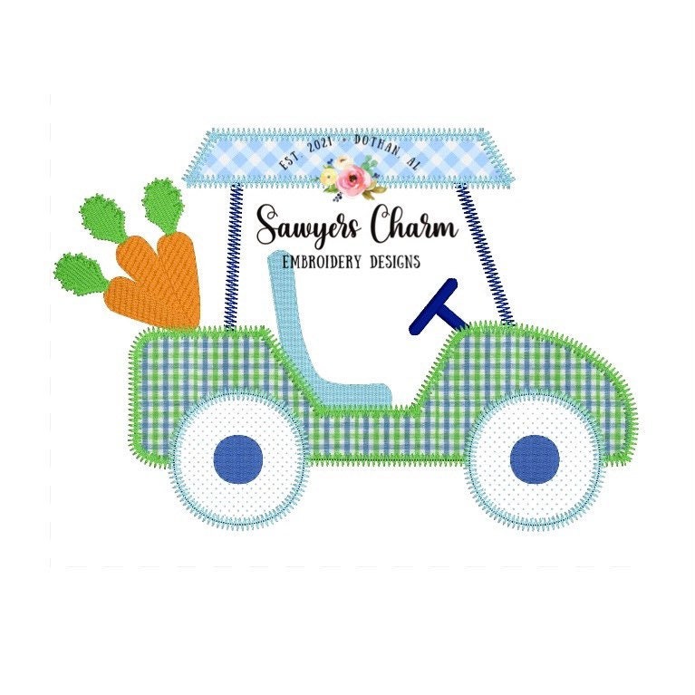 Easter Golf cart with carrots zigzag machine embroidery applique design file, quick stitch, boy or girl design