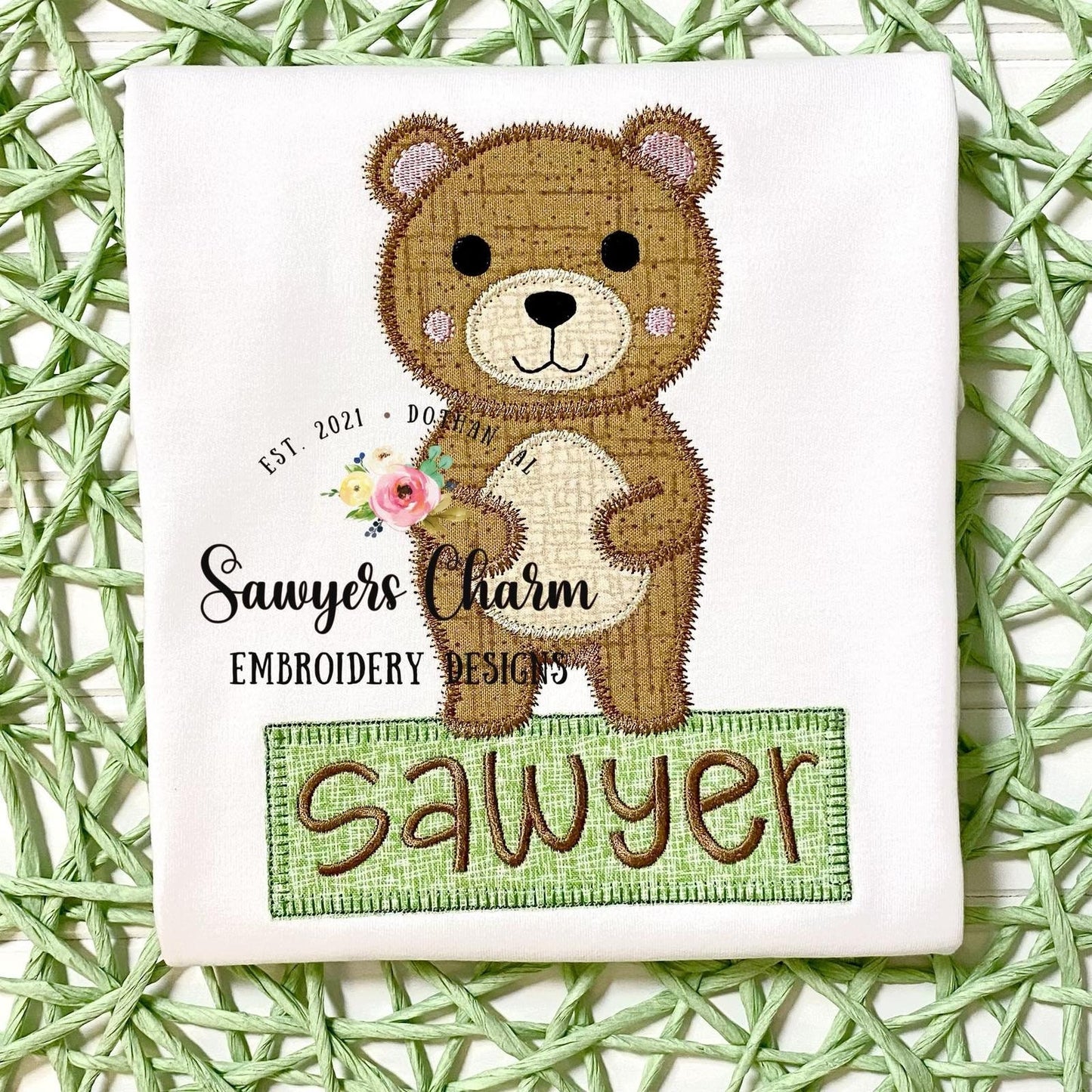 Sweet Teddy bear baby boy zigzag machine applique design embroidery file, zig zag, quick stitch