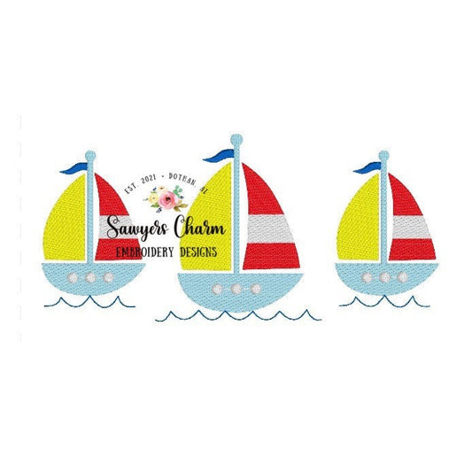 Sketch sailboat trio machine embroidery design file, quick stitch, summer, nautical, perfect for boys or girls