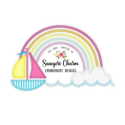 Rainbow sailboat zigzag machine applique embroidery design file, summer, nautical, perfect for boys or girls
