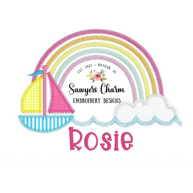 Rainbow sailboat zigzag machine applique embroidery design file, summer, nautical, perfect for boys or girls