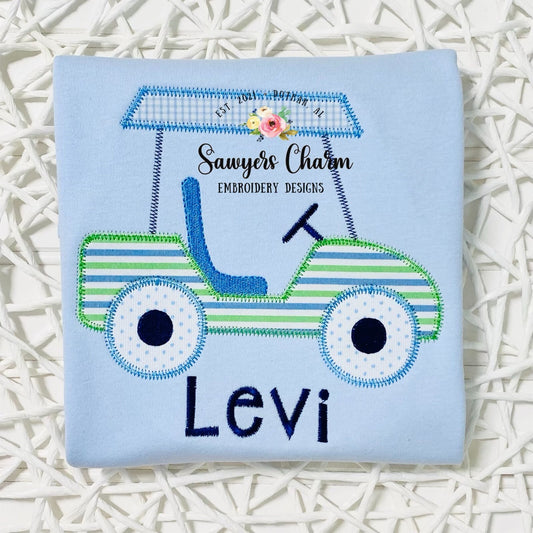 BUNDLE Boy and girl Golf cart zigzag machine embroidery applique design file, quick stitch