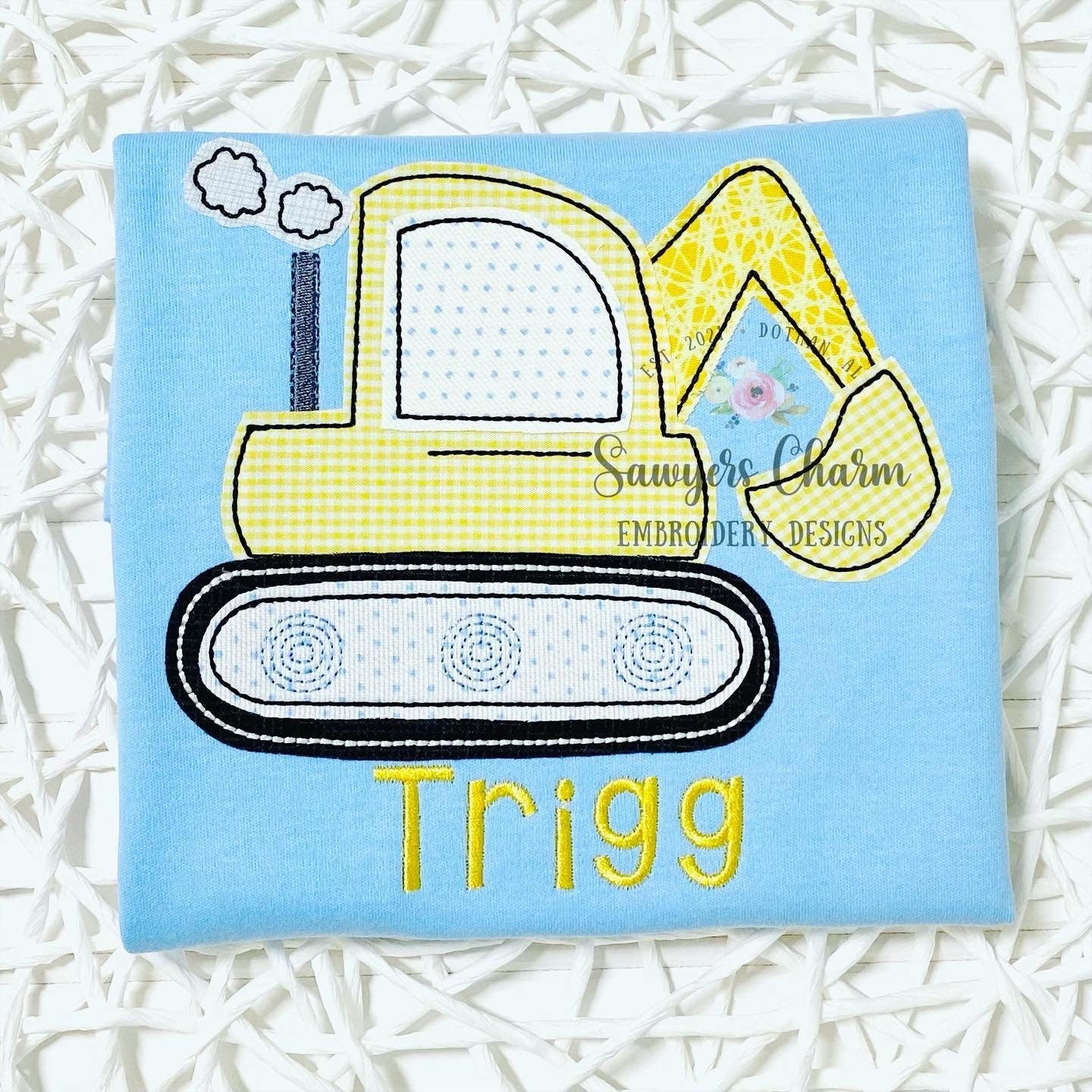BUNDLE Excavator/digger with and without bow, bean stitch machine applique design embroidery file, quick stitch, construction