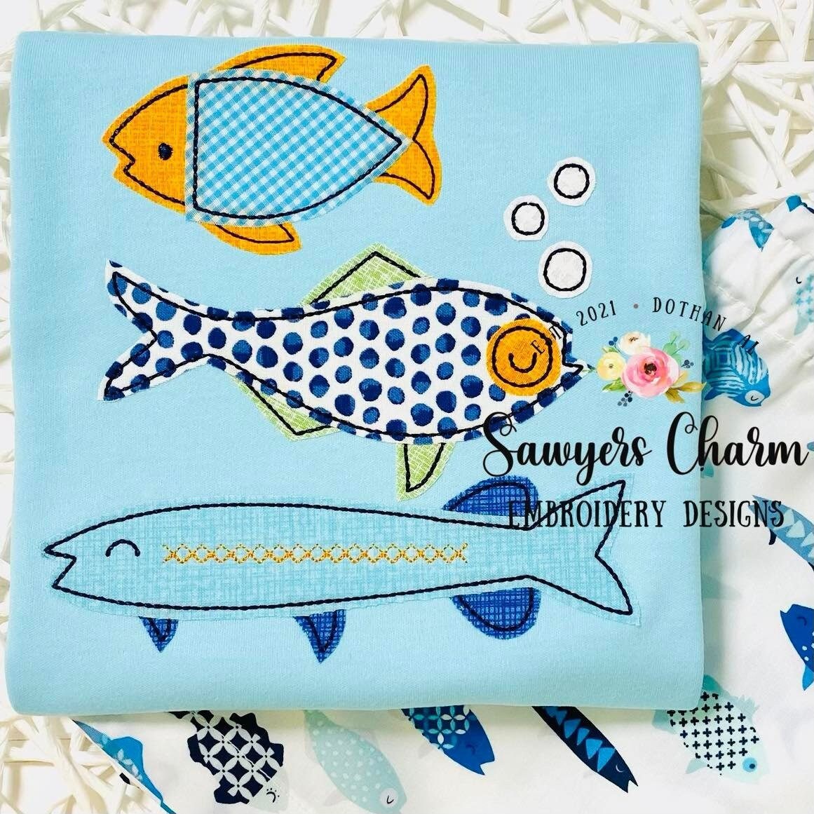 BUNDLE Fish trio bean stitch AND sketch stitch machine applique/embroidery design file, fishing, quick stitch, ocean creatures, summer