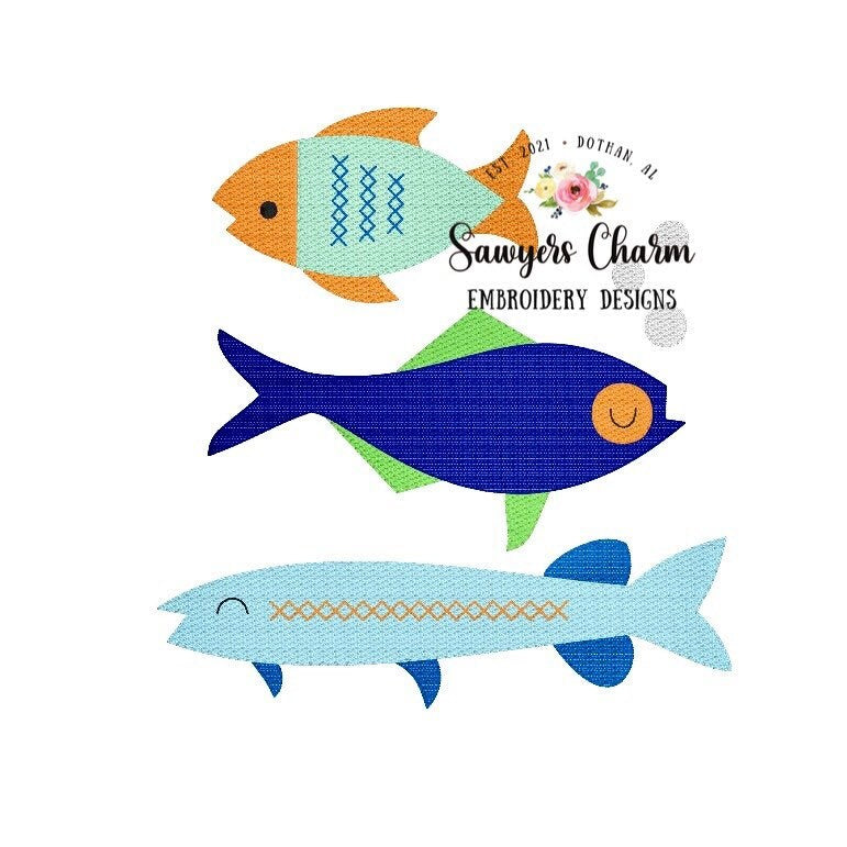 BUNDLE Fish trio bean stitch AND sketch stitch machine applique/embroidery design file, fishing, quick stitch, ocean creatures, summer