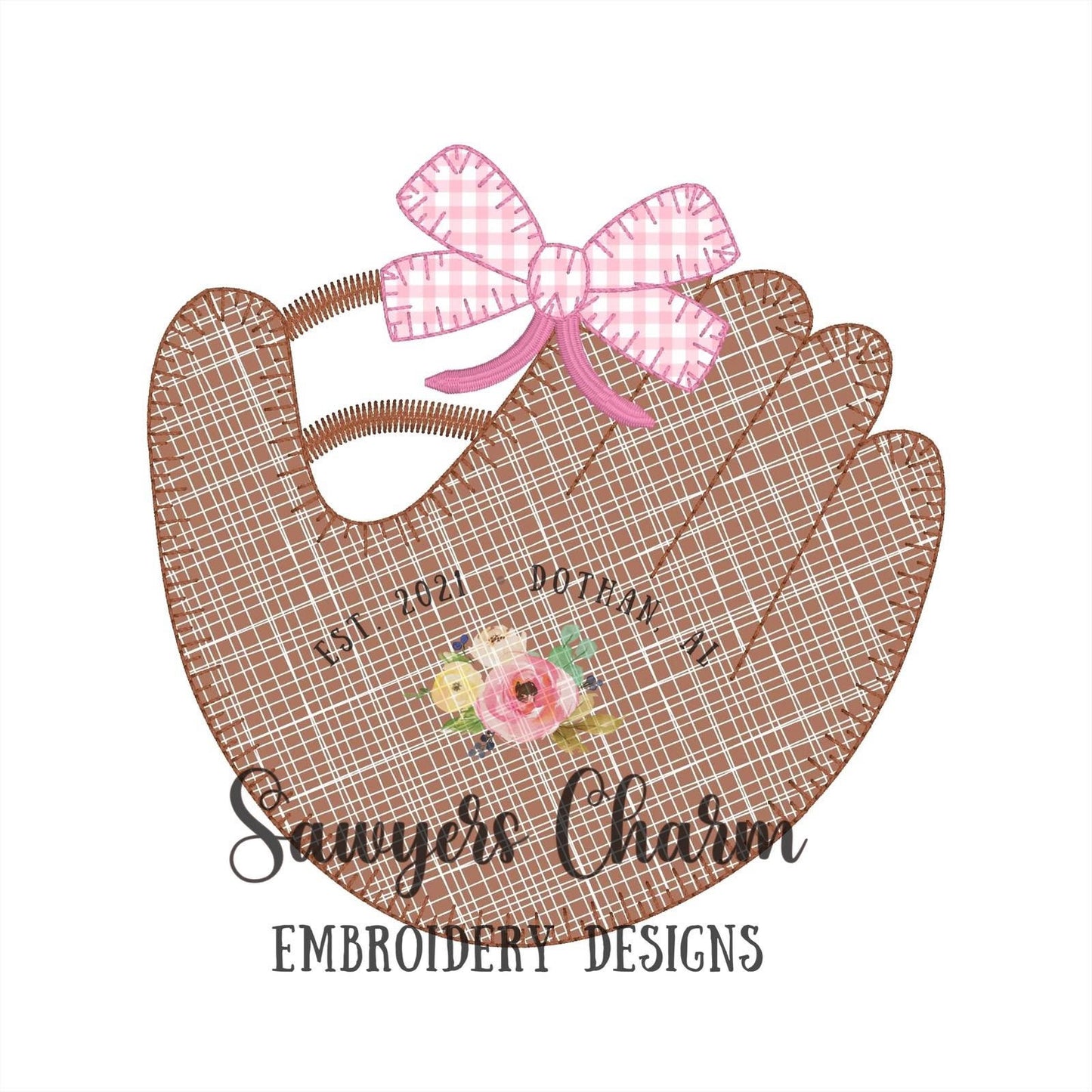 Blanket stitch baseball/softball glove with bow (with and without ball) machine applique design embroidery file, sports, satin stitch