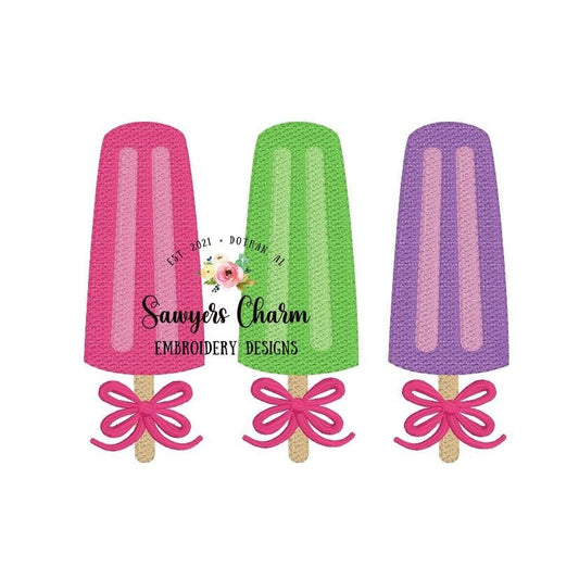 Popsicles trio with bow sketch machine embroidery design file, summer treats, snacks, ice cream, vintage, quick stitch, bean stitch