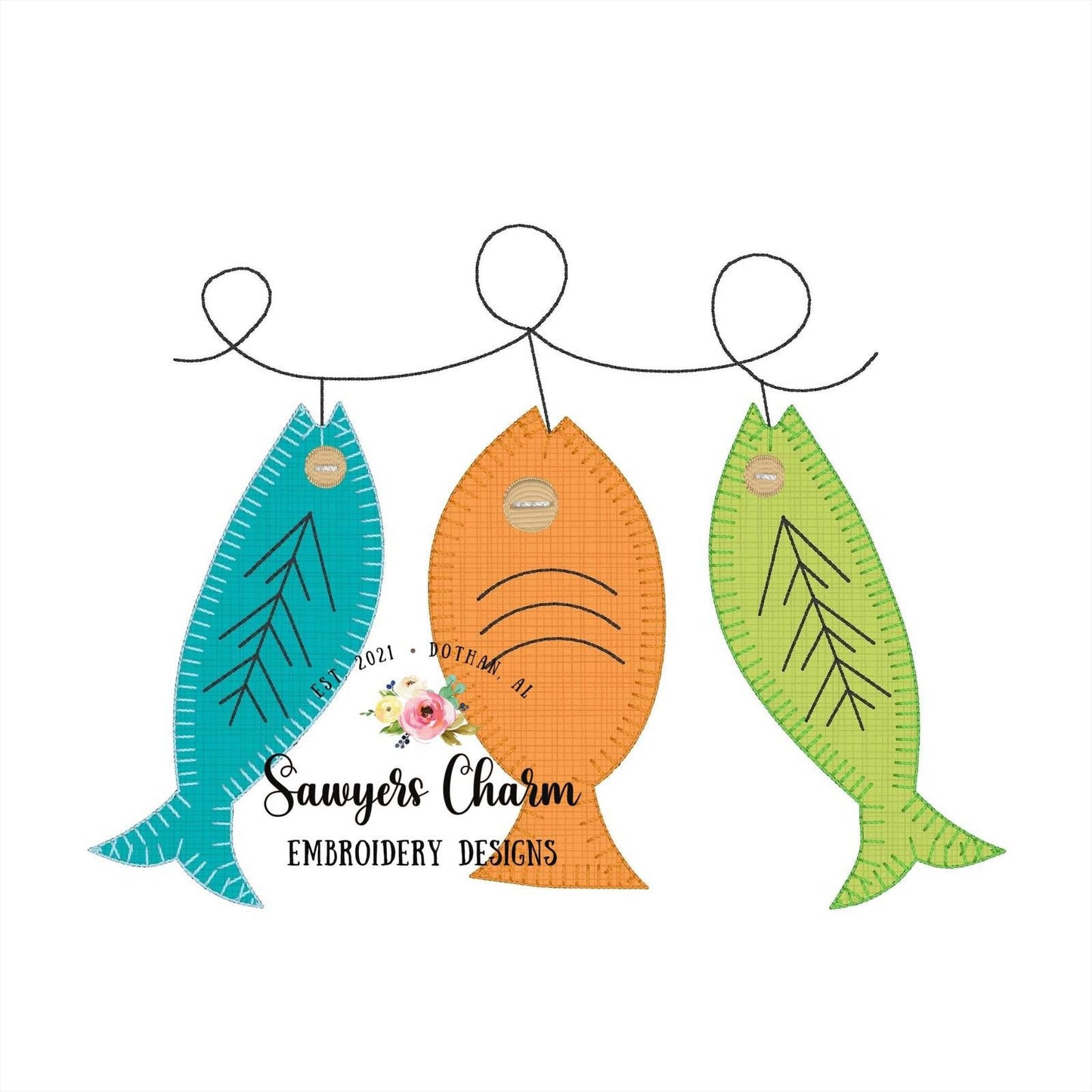 Fish blanket stitch machine applique design embroidery file, fishing lures, quick stitch, bean stitch