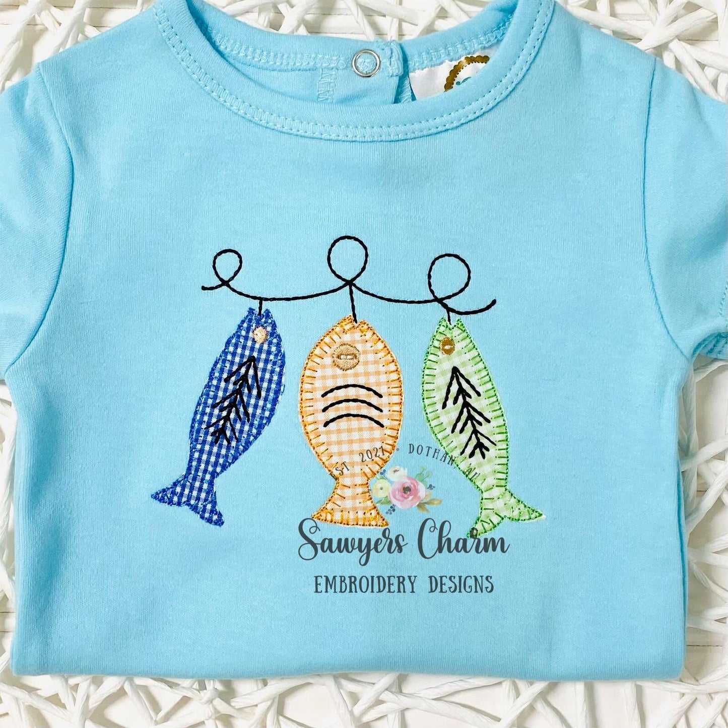 Fish blanket stitch machine applique design embroidery file, fishing lures, quick stitch, bean stitch