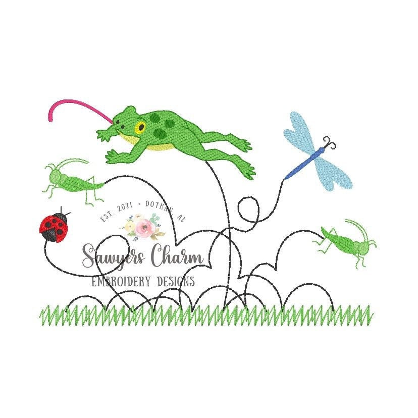 Hopping jumping insects and frog sketch machine embroidery design file, quick stitch, bean stitch, summer, bugs, spring, grass