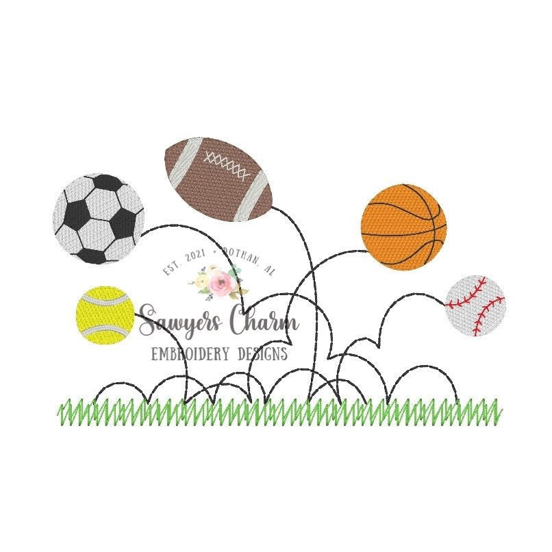 Sports bouncing balls sketch machine embroidery design file, quick stitch, bean stitch, tennis, football, basketball, baseball, soccer