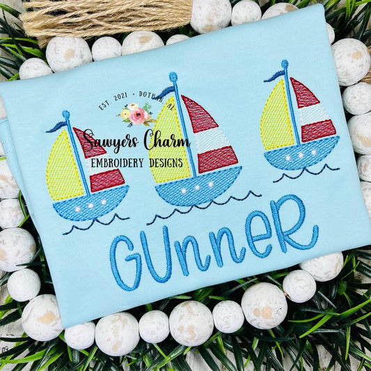 Sketch sailboat trio machine embroidery design file, quick stitch, summer, nautical, perfect for boys or girls