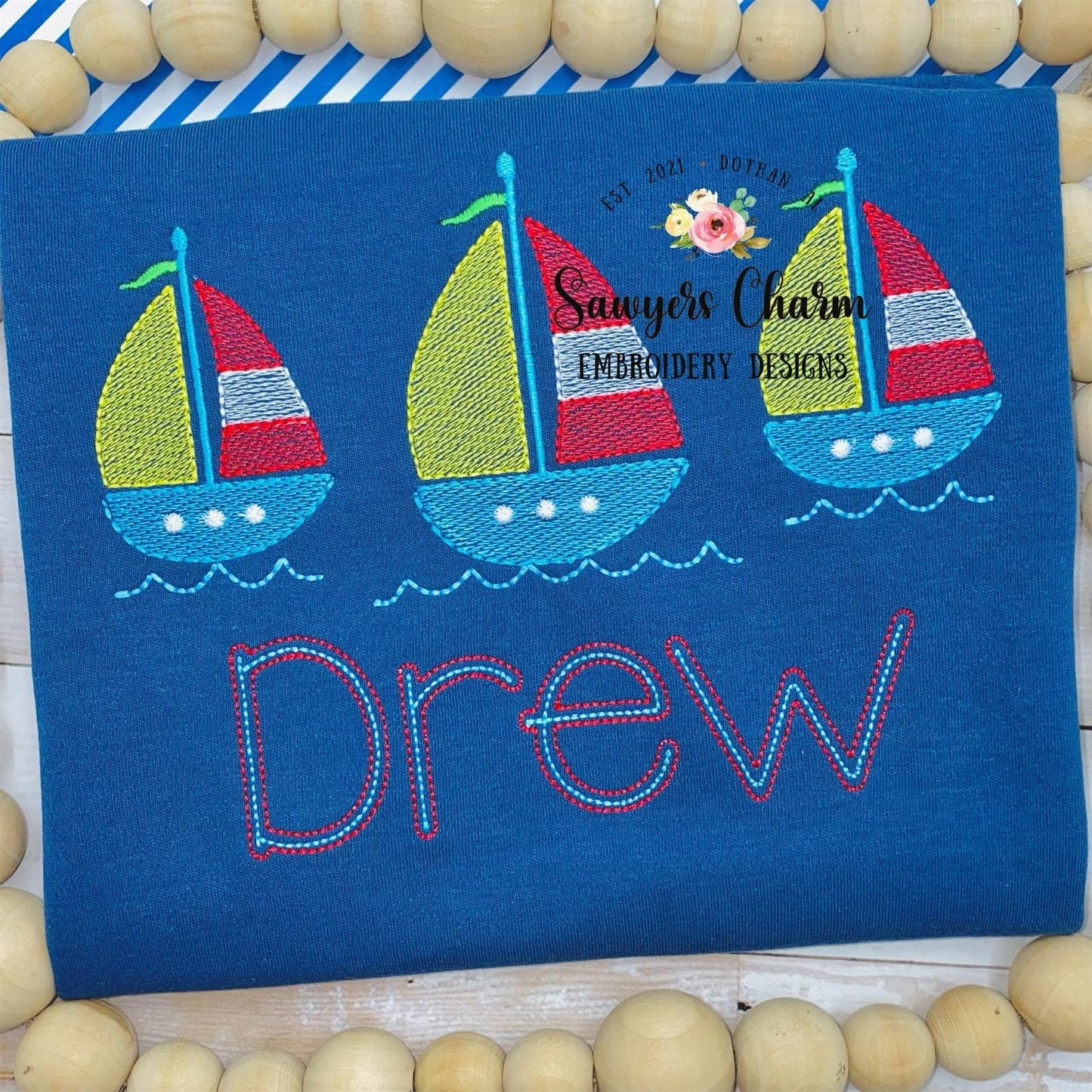 Sketch sailboat trio machine embroidery design file, quick stitch, summer, nautical, perfect for boys or girls