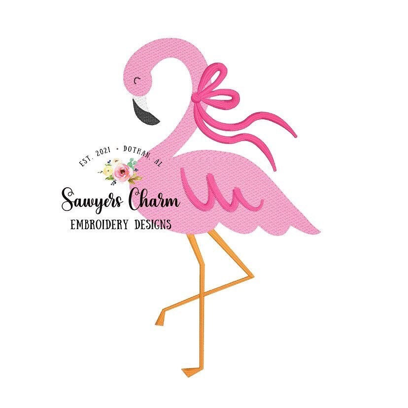 Flamingo with bow sketch style machine embroidery design file, summer, quick stitch, beach