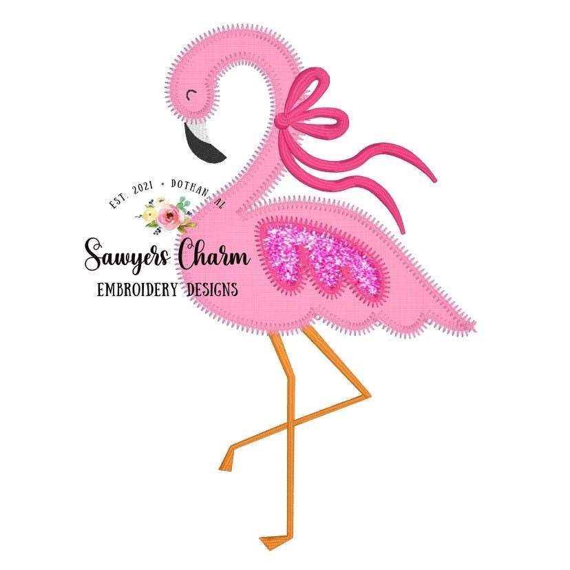 Flamingo with bow zigzag applique machine embroidery design file, summer, quick stitch, beach
