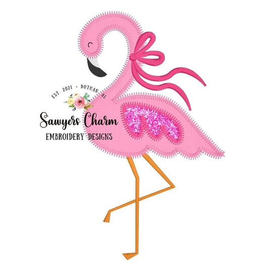 Flamingo with bow zigzag applique machine embroidery design file, summer, quick stitch, beach