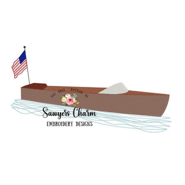 Wooden boat with American flag sketch machine embroidery design file, quick stitch, summer, nautical, lake, beach, water vessel, patriotic