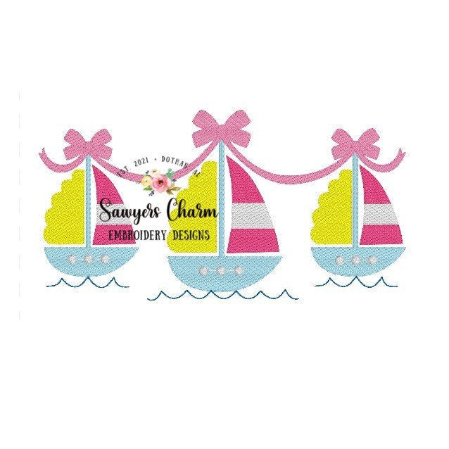 Sketch sailboat trio with bows machine embroidery design file, quick stitch, summer, nautical, perfect for girls