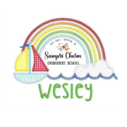 Rainbow sailboat zigzag machine applique embroidery design file, summer, nautical, perfect for boys or girls