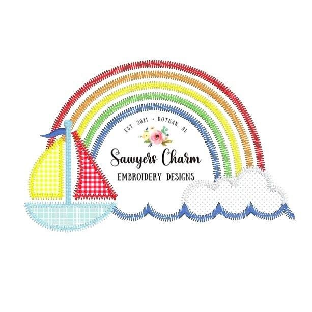 Rainbow sailboat zigzag machine applique embroidery design file, summer, nautical, perfect for boys or girls