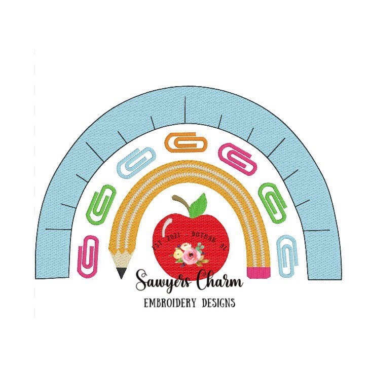 Back to school rainbow with pencil, ruler, paper clips, and apple machine sketch fill design embroidery file, quick stitch