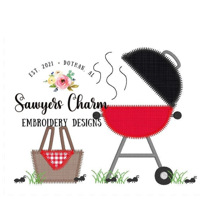 BUNDLE Grill/picnic basket with ants zig zag machine applique design embroidery file, summer, satin stitch, BBQ, grilling outdoors