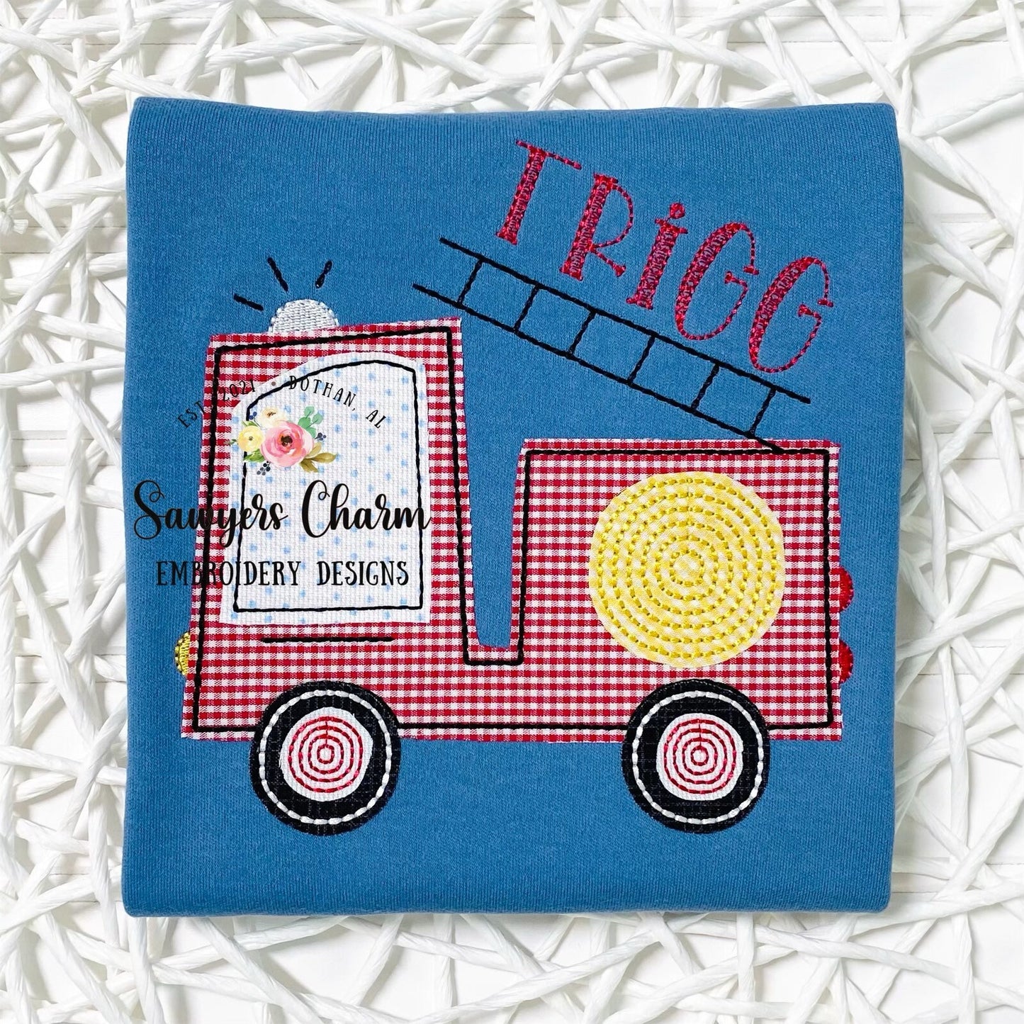 BUNDLE Firetruck zigzag and bean stitch machine applique embroidery file, vintage stitch, quick stitch