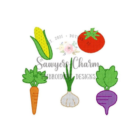 Mini fill stitch vegetables machine embroidery design file, quick stitch, fruit, veggies, summer/spring, gardening, plants, tomato, corn