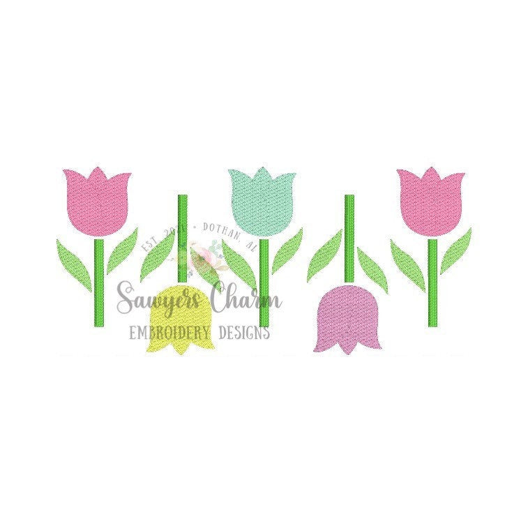 Row of tulips sketch stitch machine embroidery design file, quick stitch, spring flowers, bean and satin stitch