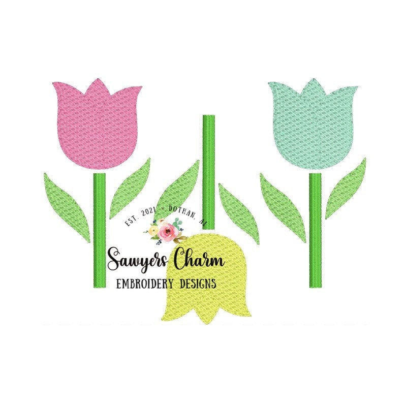 Row of tulips sketch stitch machine embroidery design file, quick stitch, spring flowers, bean and satin stitch