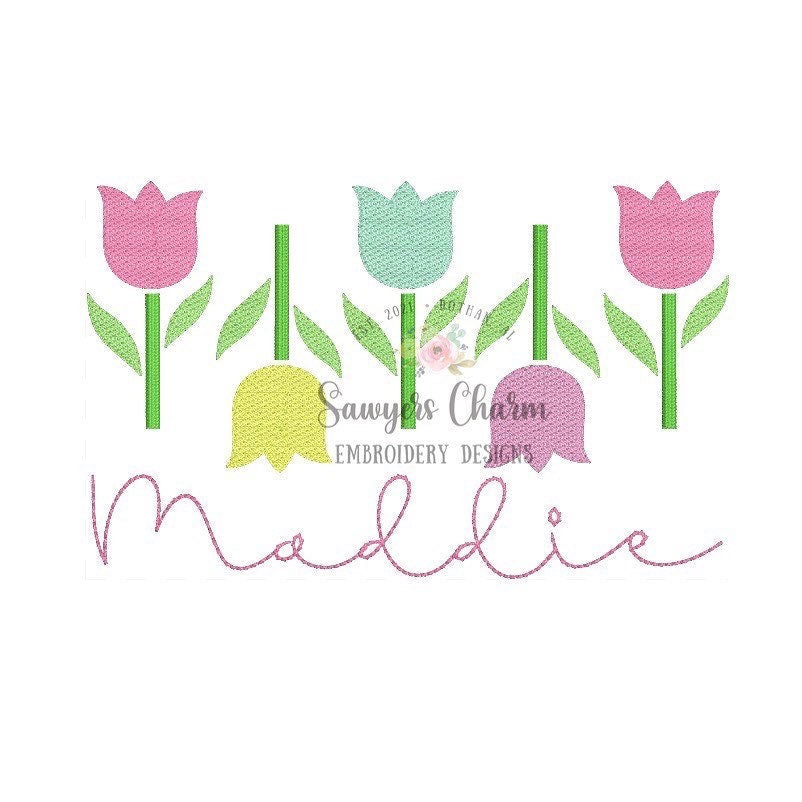 Row of tulips sketch stitch machine embroidery design file, quick stitch, spring flowers, bean and satin stitch