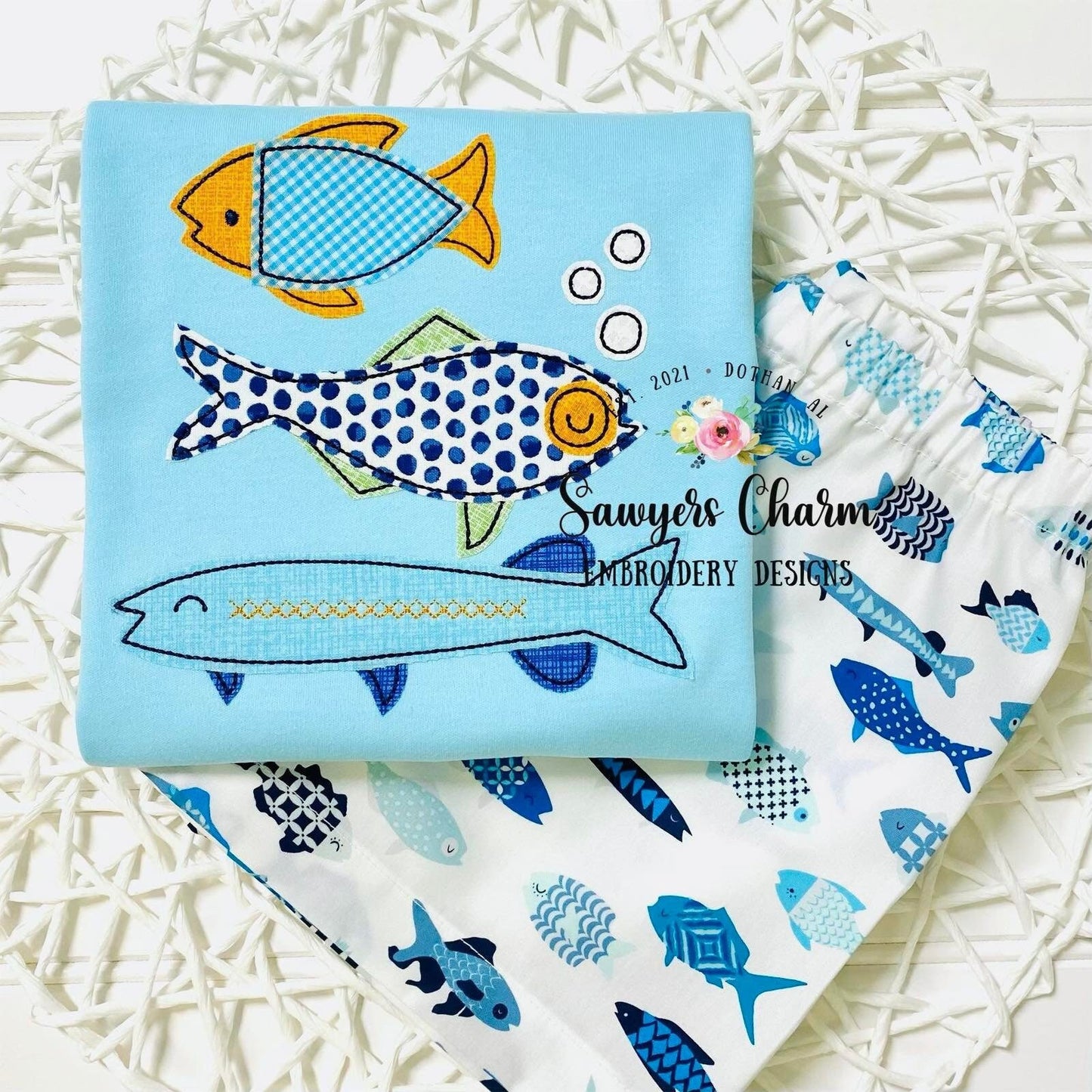 BUNDLE Fish trio bean stitch AND sketch stitch machine applique/embroidery design file, fishing, quick stitch, ocean creatures, summer