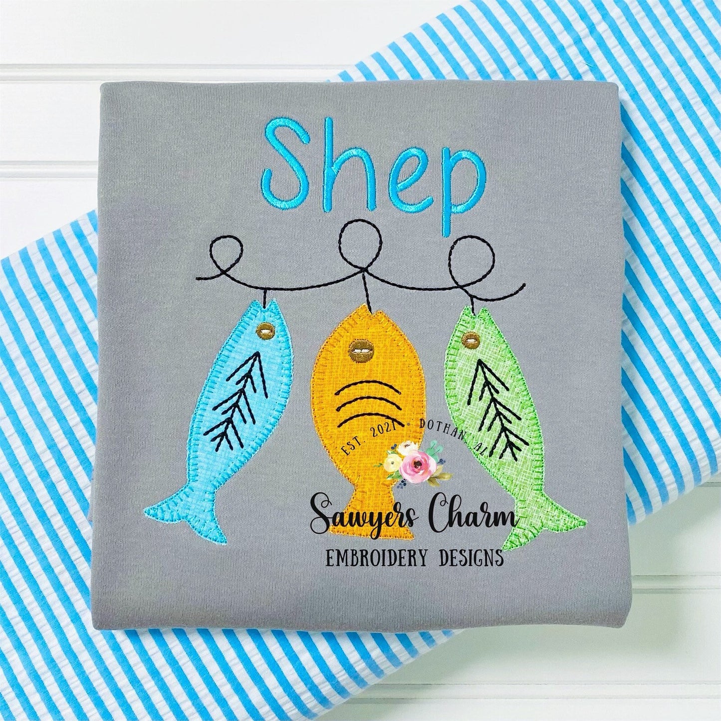 Fish blanket stitch machine applique design embroidery file, fishing lures, quick stitch, bean stitch