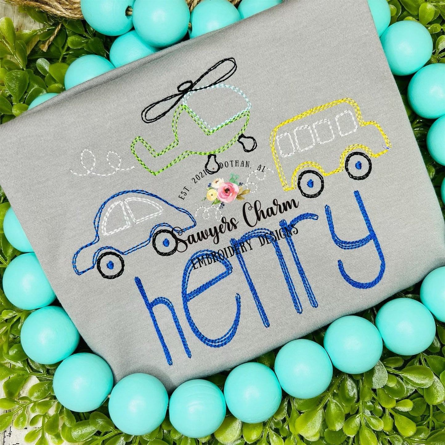 Squiggly transportation vehicles trio quick stitch, vintage style, bean stitch machine embroidery design file, car, bus, helicopter