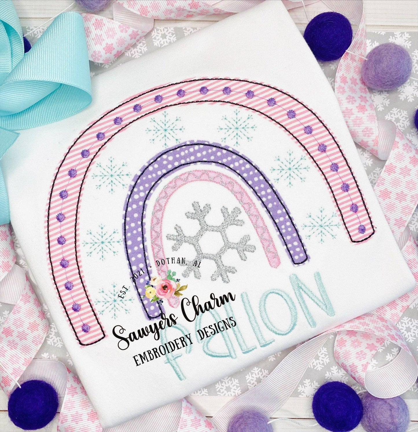 BUNDLE Winter/Christmas boho snowflakes rainbow machine embroidery design file, bean stitch applique AND sketch stitch, winter wonderland