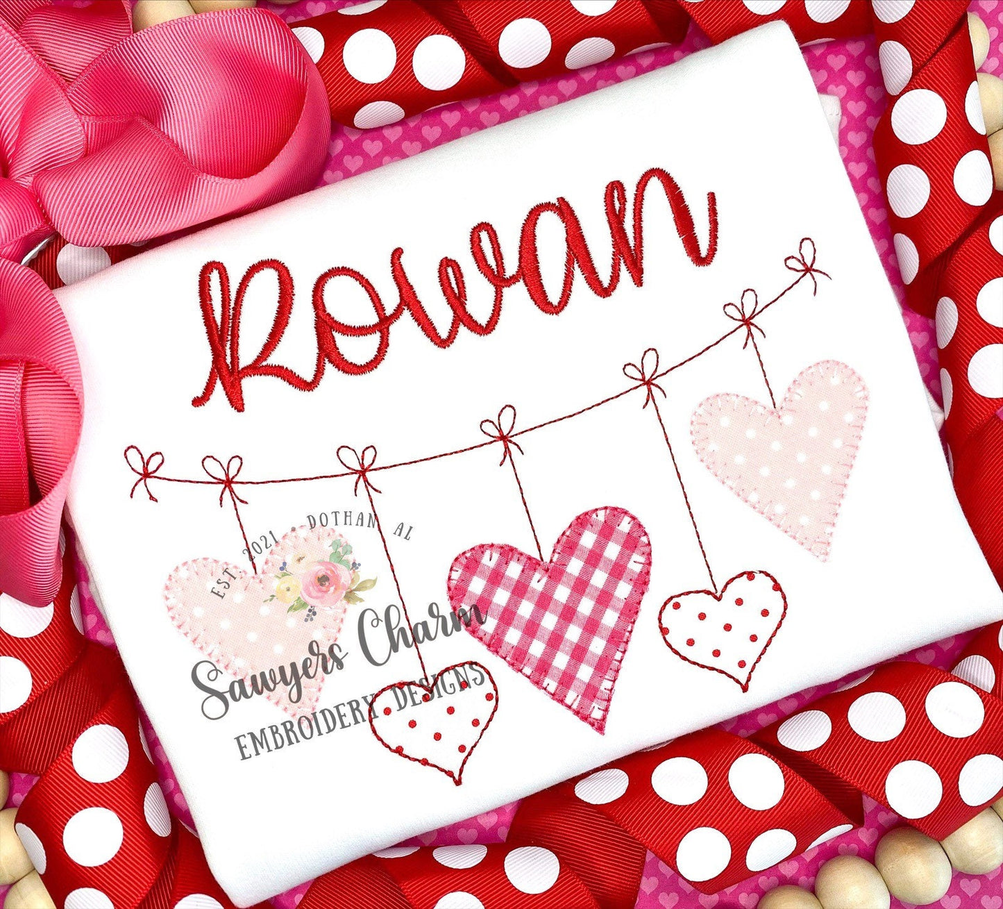 Valentine's Day hearts bunting banner machine applique embroidery design file, quick stitch, bean stitch, blanket stitch