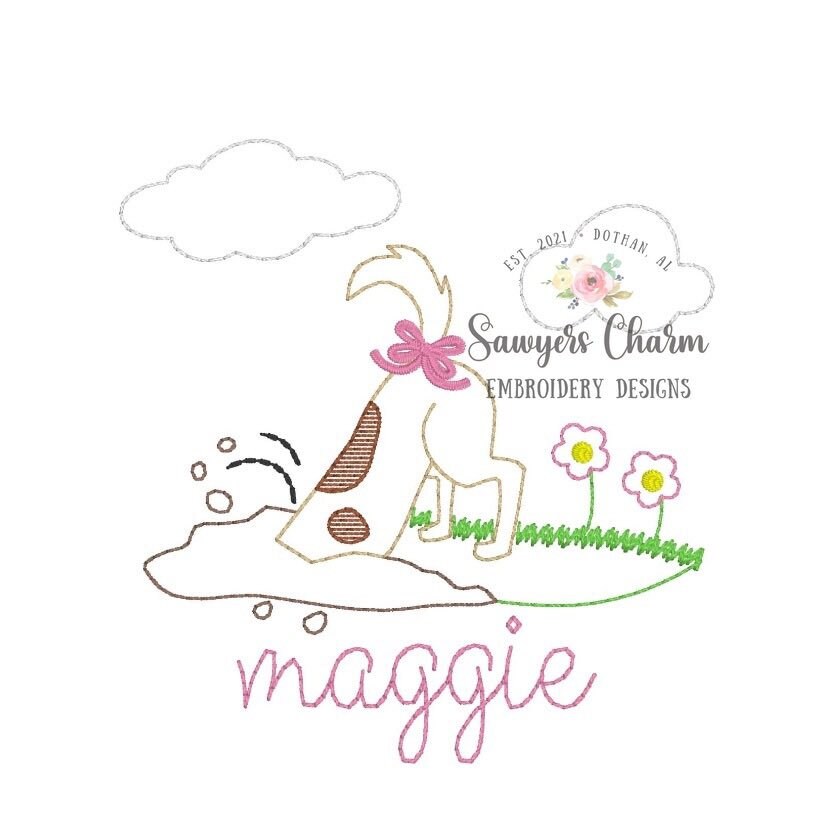 BUNDLE Puppy dog digging in dirt/grass with & without bow, bean stitch, vintage outline, sketch machine applique/embroidery design file