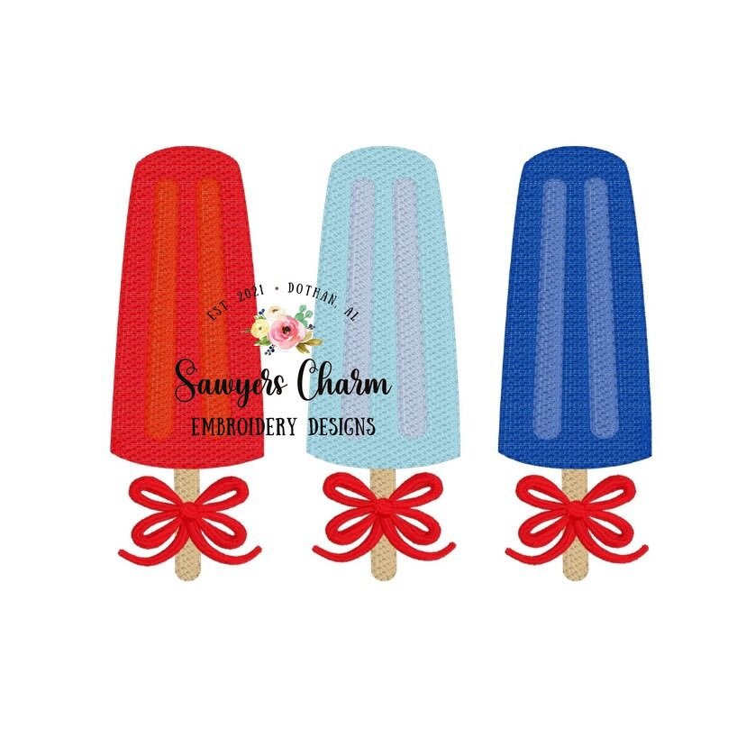 Popsicles trio with bow sketch machine embroidery design file, summer treats, snacks, ice cream, vintage, quick stitch, bean stitch