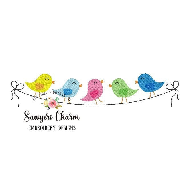 Birds on a line/wire with bows bunting, sketch stitch machine embroidery design file, quick stitch, summer, spring, sweet little birdies