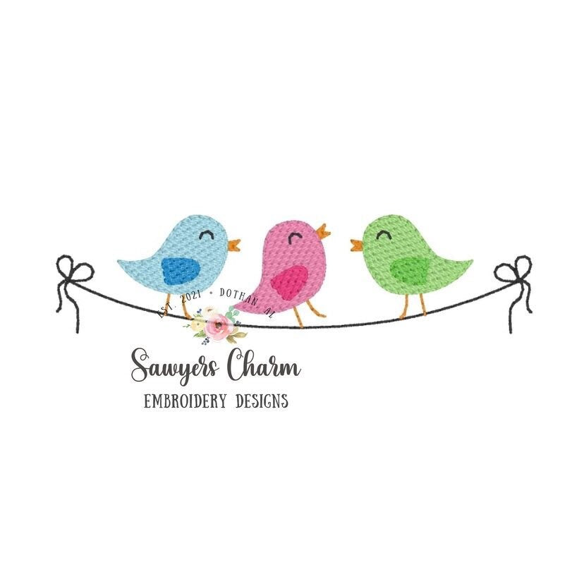 Birds on a line/wire with bows bunting, sketch stitch machine embroidery design file, quick stitch, summer, spring, sweet little birdies