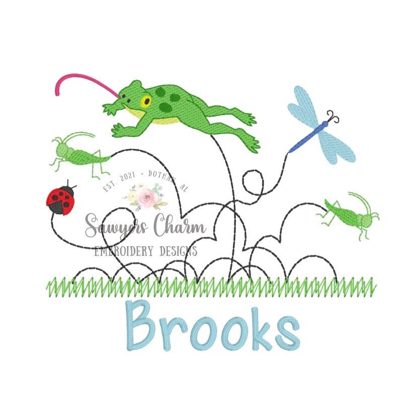 Hopping jumping insects and frog sketch machine embroidery design file, quick stitch, bean stitch, summer, bugs, spring, grass