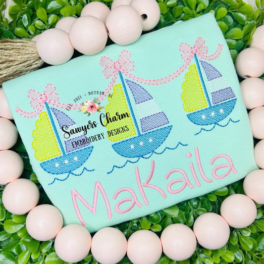 Sketch sailboat trio with bows machine embroidery design file, quick stitch, summer, nautical, perfect for girls