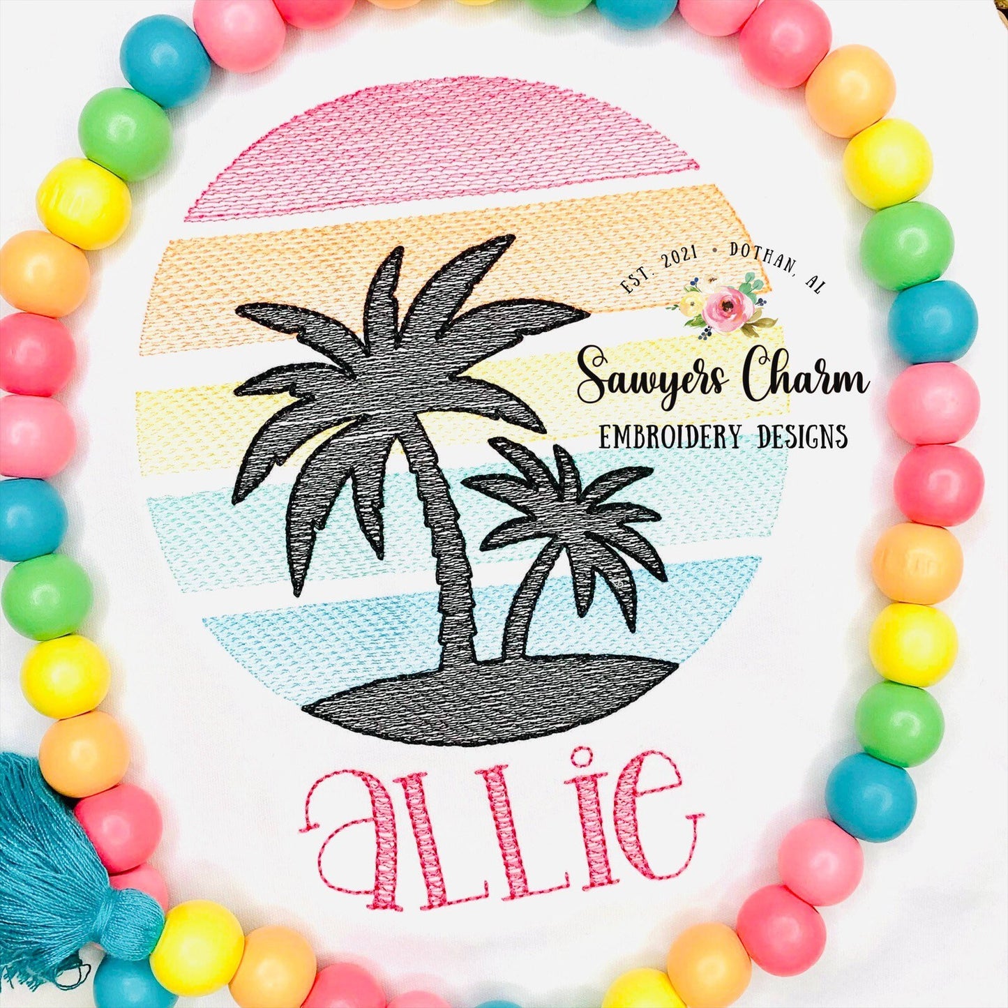 BUNDLE Beach Palm trees silhouette bean stitch applique & sketch stitch, machine embroidery design file, quick stitch, summer, nautical