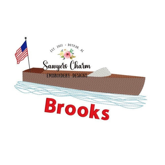 Wooden boat with American flag sketch machine embroidery design file, quick stitch, summer, nautical, lake, beach, water vessel, patriotic